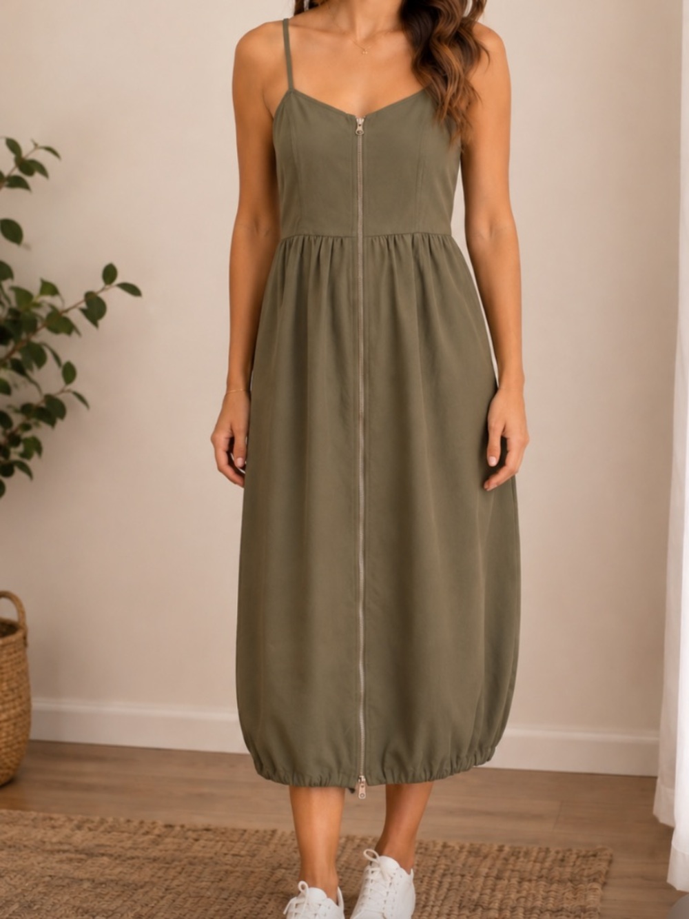 GU Olive Zip-Front Bubble Hem Spaghetti Strap Midi Dress
